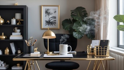 Aufkleber - Cozy home office with stylish decor, steaming mug, and creative workspace at midday