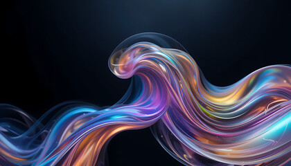 Wall Mural - close up, abstract fluid 3d render with a black background and holographic, iridescent neon curved w