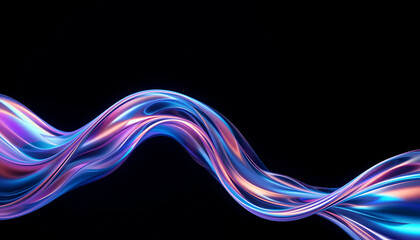 Wall Mural - close up, abstract fluid 3d render with a black background and holographic, iridescent neon curved w