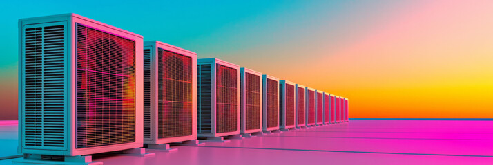 A vibrant rooftop panorama showing multiple cooling units aligned neatly, their surfaces reflecting