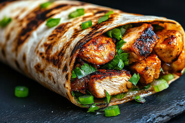 An editorial-style shot of a grilled chicken wrap filled with vibrant salad, elegantly presented on