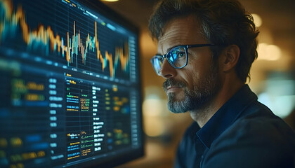 Poster - Concentrated man analyzes financial data displayed on a large monitor, illuminated by the screen's glow