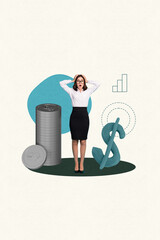 Poster - Abstract poster collage of business woman stand with many coins dollar sign