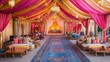 © Almahyra - Luxurious wedding ceremony tent with vibrant fabrics, ornate furniture, and a grand entrance.