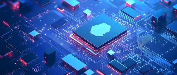 Poster - Blue digital technology background with a chip and brain icon on a dark blue circuit board