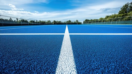 Wall Mural - Blue tennis court with white lines under a blue sky.