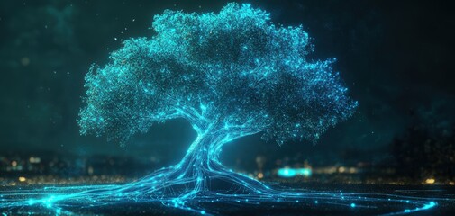 Poster - A glowing digital tree stands against a dark background, showcasing intricate, illuminated branches and roots, symbolizing technology and nature's fusion.