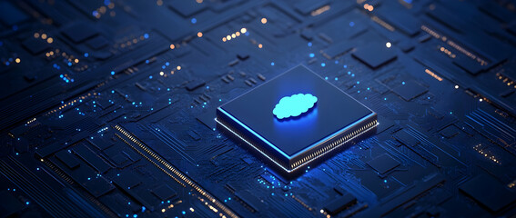 Poster - Blue digital technology background with a chip and brain icon on a dark blue circuit board
