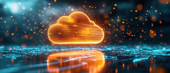 Aufkleber - A glowing orange cloud icon reflects on a digital surface, surrounded by vibrant particles, symbolizing technology and connectivity.
