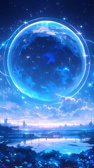Wall Mural - Vast universe blue curve and glowing asteroid illustration poster background
