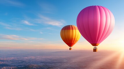  Hot Air Balloons Floating Above City Scape at Sunrise