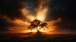 © Dulemegapixel - This captivating image features a radiant sunset breaking through dark clouds behind a silhouetted tree, creating a powerful and evocative scene that symbolizes hope and beauty in nature.