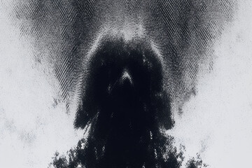 Aufkleber - This abstract image features dark, textured pattern resembling chaotic inkblot or shadowy figure against lighter background, evoking sense of mystery and depth