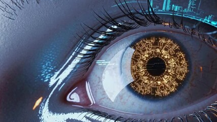 Poster - Golden biometric interface scans human iris. Advanced authentication system projects holographic data visualization against dark background. Static macro shot.