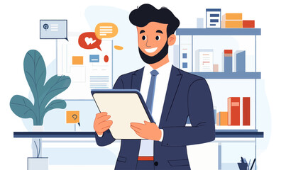 Poster - Businessman Engaged with Trends on Tablet in Modern Office Vector Illustration