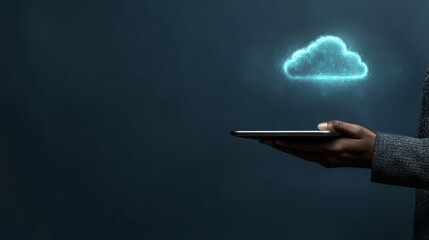 Fototapete - A hand holding a tablet with a glowing cloud symbol on a dark blue background, representing the concept of online storage or backup data service in a business technology context.