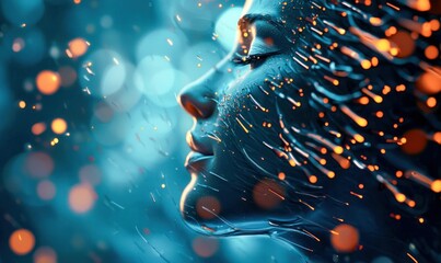 Poster - a serene female profile merges with digital streams, creating an artistic representation of future t