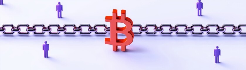 Poster - A stylized representation of the Bitcoin symbol surrounded by a chain, with small figures in purple, symbolizing blockchain technology and its decentralized nature.