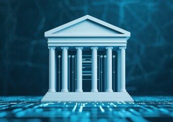 Poster - A digital representation of a neoclassical building with columns, symbolizing stability and governance in a technology-driven environment.