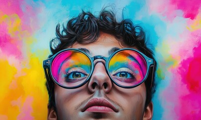 Wall Mural - intense gaze of a man through colorfully reflected glasses against a vibrant background.
