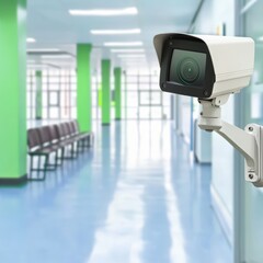 Poster - Advanced security camera installed in hospital hallway for enhanced safety and patient monitoring