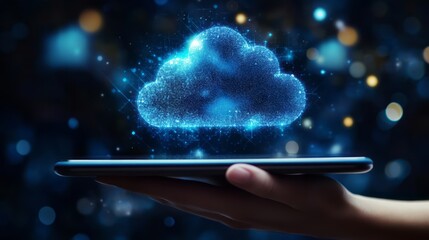 Fototapete - A hand holding an tablet with a digital, glowing blue cloud icon floating above it, symbolizing the concept of cloud technology and online storage for virtual data in a futuristic business setting.