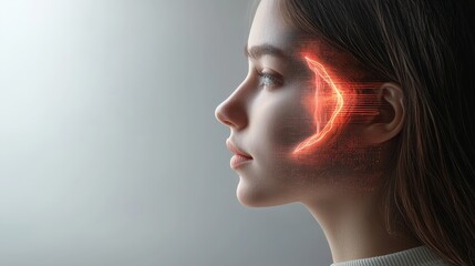 Poster - Young girl with red laser light illuminating her face in a darkened room creating a mysterious aura