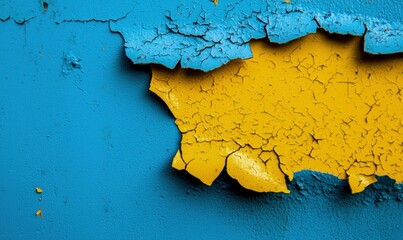 Poster - Peeling yellow paint contrasts beautifully against the blue in this textured, abstract close-up.