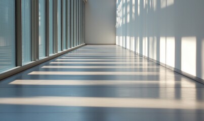 Poster - Sunlight streams through the windows, casting graphic shadows across the sleek corridor floor.
