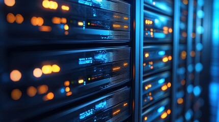 Poster - Modern server rack filled with high-tech equipment in a data center for efficient information storage