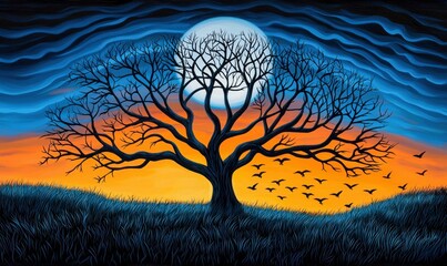 Wall Mural - a striking painting features a solitary tree silhouetted against a vibrant moonlit sky, with birds i