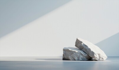 Poster - Minimalist display featuring stacked white stones against a white wall with soft sunlight.
