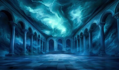 Wall Mural - a majestic blue hall with towering columns and a sky-painted ceiling evokes a sense of awe and wonde