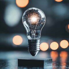 Poster - glowing light bulb levitating on a dark surface, symbolizing innovation and ideas