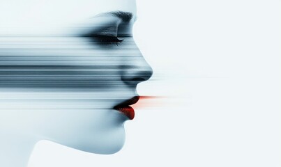 Poster - A digitally enhanced profile of a woman suggests speed and motion with blurred lines.