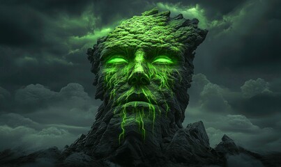 Wall Mural - a large mountain face sculpture with glowing green eyes looms through a mysterious, cloudy landscape