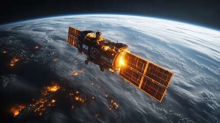 Aufkleber - A satellite orbits Earth, equipped with solar panels, transmitting vital data while monitoring cosmic radiation and atmospheric changes in real-time.