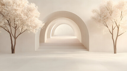 Fototapete - A serene, minimalistic scene featuring white arches and soft trees, creating a tranquil and ethereal atmosphere