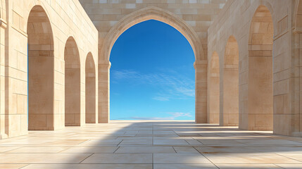Poster - A stunning architectural scene featuring a grand archway and a clear blue sky, showcasing minimalistic design and tranquility