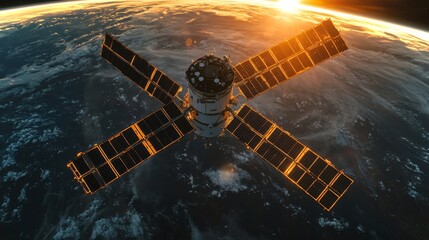 Aufkleber - A satellite equipped with solar panels orbits Earth, transmitting telemetry data as the sun sets on the horizon, illuminating the atmosphere with warm light.