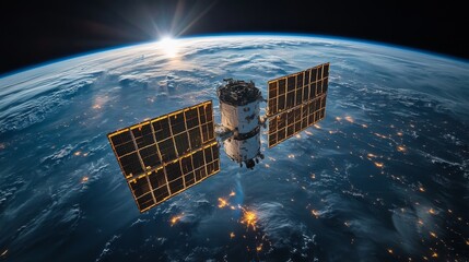 Aufkleber - A satellite orbits Earth, capturing data and transmitting telemetry while the sun rises above the horizon, highlighting cosmic exploration and technology.