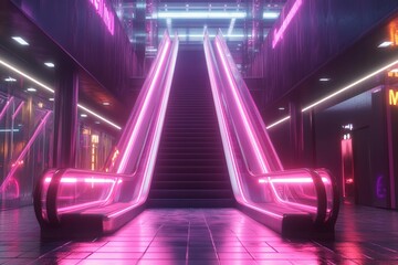 Poster - Neon-Lit Escalators: Ascending a Futuristic City's Architectural Marvel in Vibrant Pink Hues