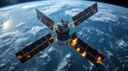 Aufkleber - A satellite orbits Earth, sending important telemetry data while monitoring cosmic radiation. Solar panels shine under sunlight, contributing to advanced astrophysics research.