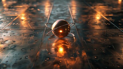 Poster - A metallic sphere with a glowing core, surrounded by rings, sits on a textured metallic surface.