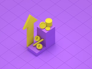 Wall Mural - Financial Growth Concept: A graphic depiction of financial growth featuring a yellow upward arrow, a percentage sign, and stacked coins on a geometric purple surface, representing financial progress.
