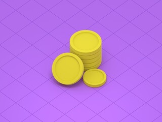 Wall Mural - Golden Coins on Purple: A close-up, eye-level studio shot captures a stack of golden coins, accompanied by a few loose ones, against a geometric purple surface, the simplicity and contrast.