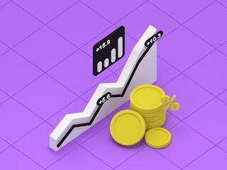 Wall Mural - Financial Growth: An isometric illustration showcasing a line graph ascending, with a stack of gold coins and bar chart against a backdrop of a textured purple surface. 