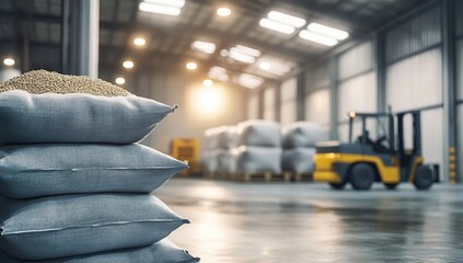 Poster - Warehouse Storage: Grains in Sacks, Forklift Transportation, Efficient Logistics, Industrial Setting, Bulk Goods, Agricultural Products