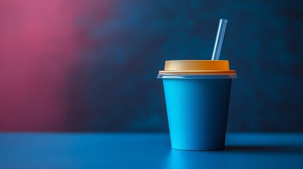 Poster - A blue cup with a yellow lid and straw sits on a blue surface, creating a striking visual with a blurred, colorful background suggesting indoor ambiance and refreshments.