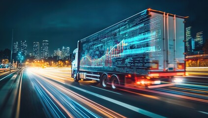 Poster - Data-Driven Logistics: Truck Speeds Through City at Night, Displaying Real-time Freight Data and Market Trends with Efficiency and Speed.
